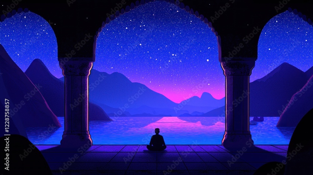 Fototapeta premium Night meditation, tranquil lake, starlit mountains, peaceful architecture, travel poster