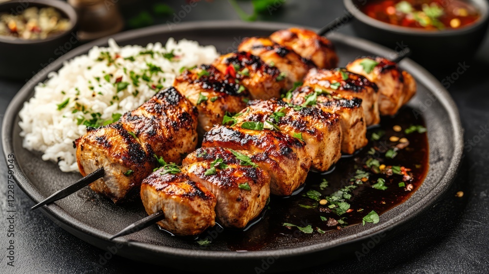 Detailed image of a kebab platter with grilled chicken, a side of rice, and a drizzle of sauce Detailed image of a kebab platter with grilled chicken, a side of rice, and a drizzle of sauce