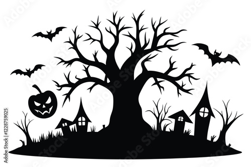 Black silhouettes of spooky halloween dead tree