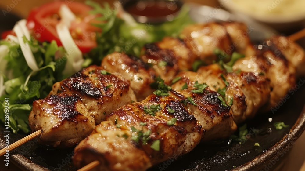 Close-up of a fresh, perfectly charred chicken kebab served with a fresh salad and sauce Close-up of a fresh, perfectly charred chicken kebab served with a fresh salad and sauce