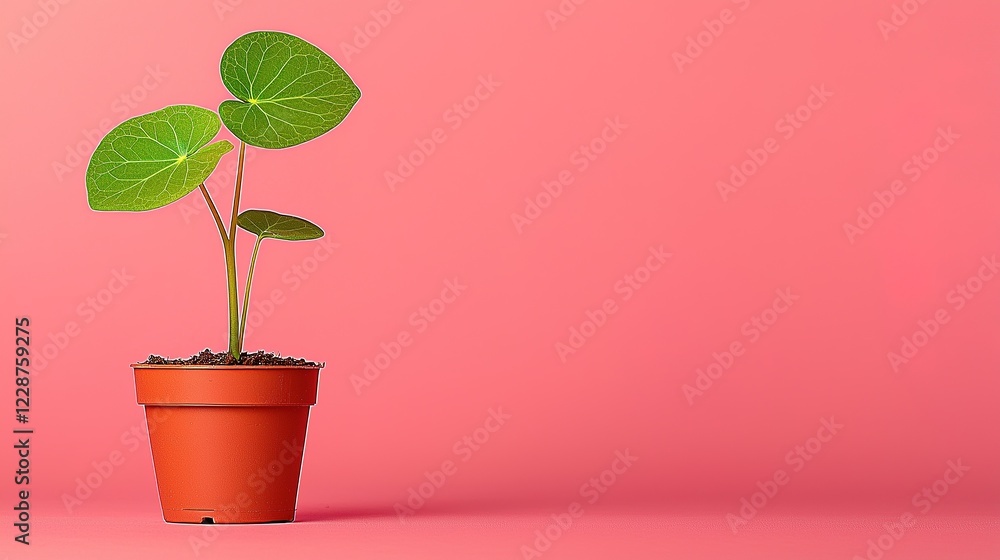 Obraz premium SEO optimization and algorithm. A potted plant on a pink background showcasing vibrant green leaves.