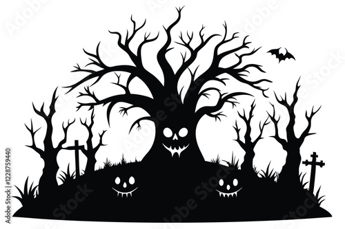 Black silhouettes of spooky halloween dead tree