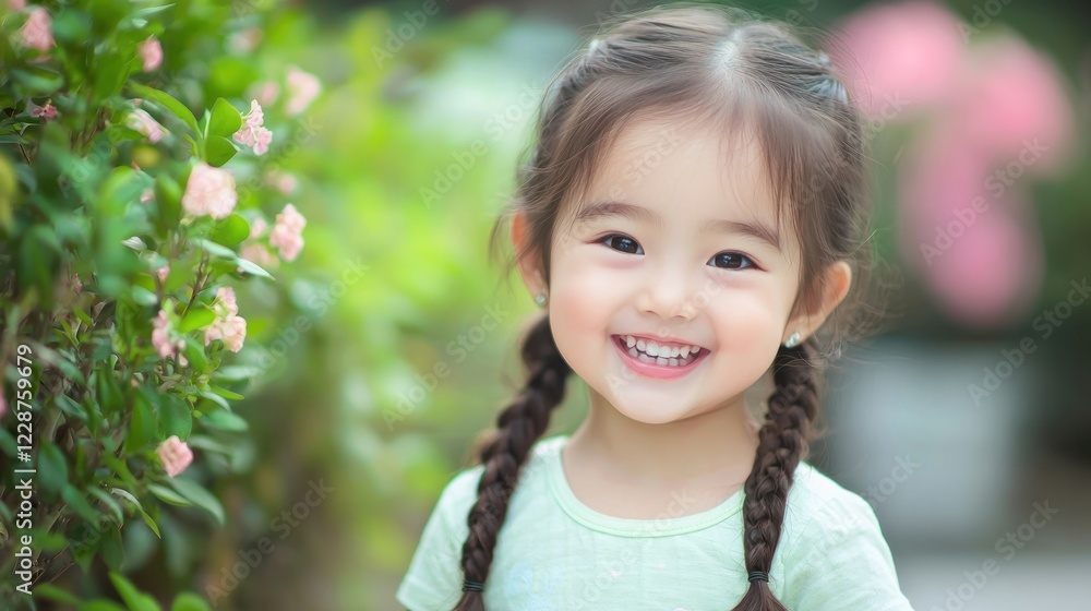 Happy Toddler Girl Smiling Outdoors with Flowers Happy Toddler Girl Smiling Outdoors with Flowers