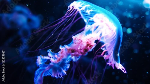 Mesmerizing Moon Jellyfish Underwater Elegance, Vibrant Blue Pink Hues