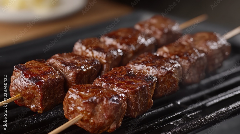 Close-up of grilled beef kebabs on a skewer, perfectly cooked with a smoky flavor Close-up of grilled beef kebabs on a skewer, perfectly cooked with a smoky flavor