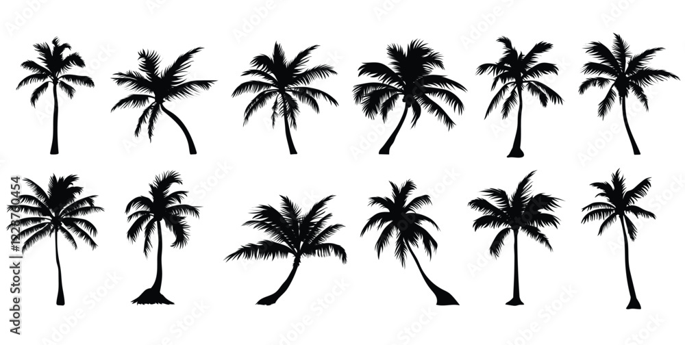 Fototapeta premium Black palm tree set vector illustration isolated on white background silhouette art black white stock illustration logo icon png. tropical, beach, landscape, pattern, paradise, coconut background