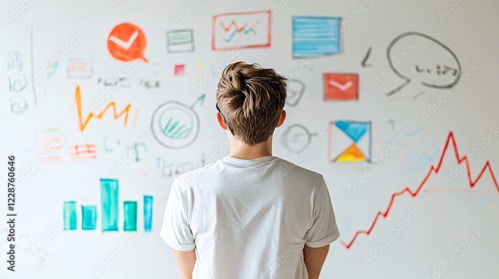 A young entrepreneur brainstorming on a whiteboard with marketing strategies sketched in colorful markers. A young entrepreneur brainstorming on a whiteboard with marketing strategies sketched in colorful markers.