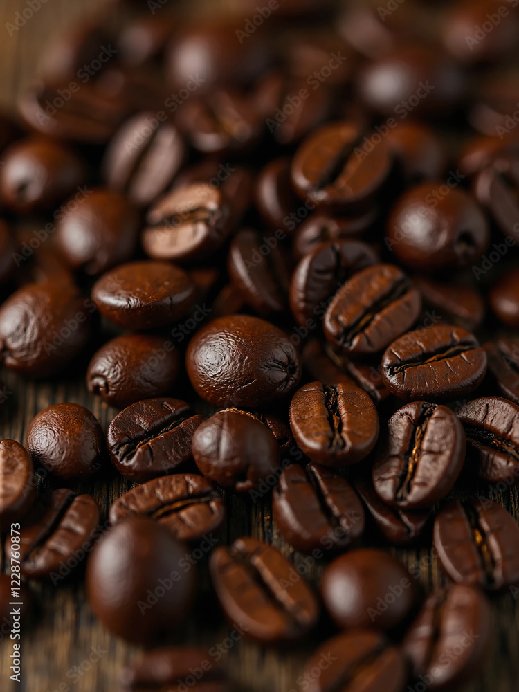 Close-Up of Roasted Coffee Beans – High-Resolution Macro Shots Showcasing Glossy Texture, Deep Brown Color, and Rich Aroma with Rustic Wooden Background and Soft Moody Lighting in Stunning Detail. Close-Up of Roasted Coffee Beans – High-Resolution Macro Shots Showcasing Glossy Texture, Deep Brown Color, and Rich Aroma with Rustic Wooden Background and Soft Moody Lighting in Stunning Detail.