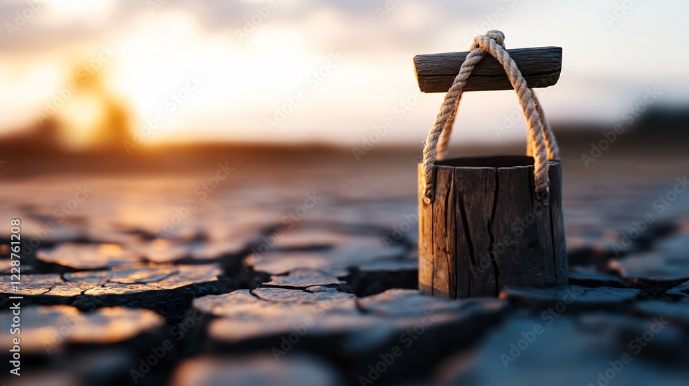Sunset Over Dry Land: A Wooden Bucket at Dusk Sunset Over Dry Land: A Wooden Bucket at Dusk