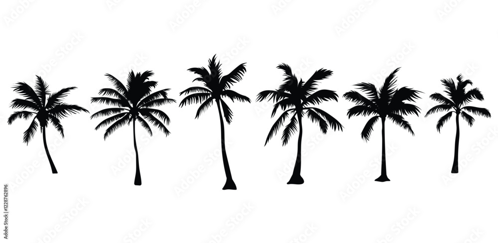 Black palm tree set vector illustration isolated on white background silhouette art black white stock illustration logo icon png. tropical, beach, landscape, pattern, paradise, coconut background Black palm tree set vector illustration isolated on white background silhouette art black white stock illustration logo icon png. tropical, beach, landscape, pattern, paradise, coconut background