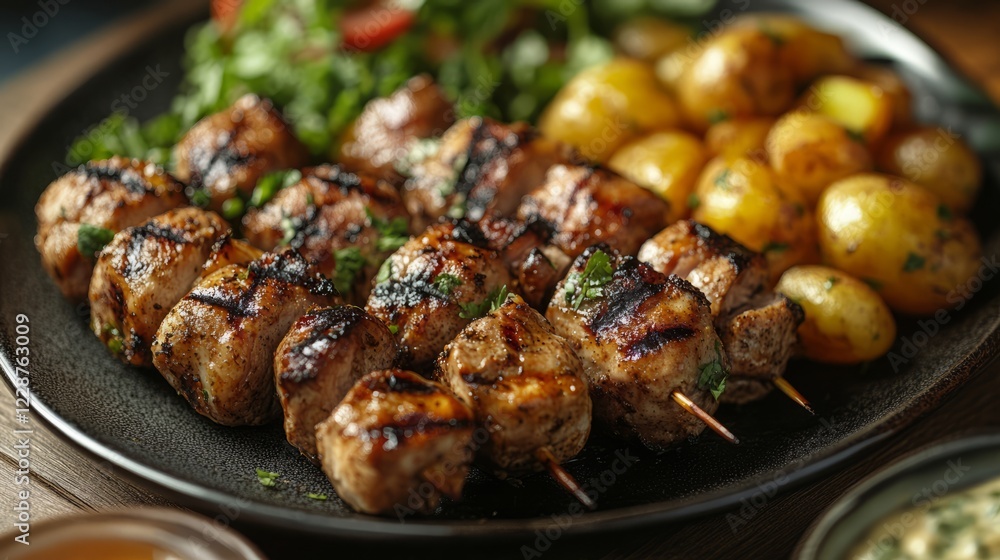 A realistic shot of a mixed kebab plate with lamb and chicken, served with roasted potatoes and salad A realistic shot of a mixed kebab plate with lamb and chicken, served with roasted potatoes and salad