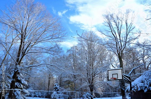 Snowy Winter Wonderland Basketball Court Scene Peaceful Winter Day Backyard Basketball Hoop