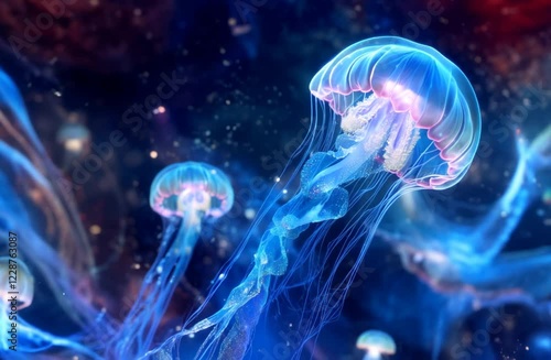 Cosmic Jellyfish Dance Mesmerizing Moon Jellyfish Underwater Elegance, Vibrant Blue Pink Hues