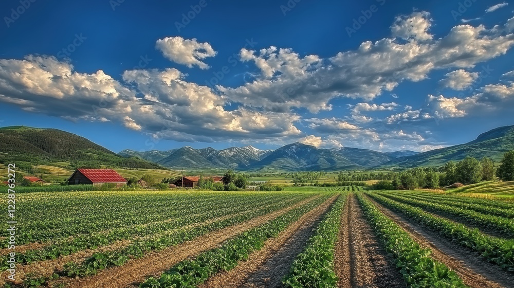 Sustainable farming using solar power to irrigate crops, representing the fusion of renewable energy and environmental conservation. Sustainable farming using solar power to irrigate crops, representing the fusion of renewable energy and environmental conservation.