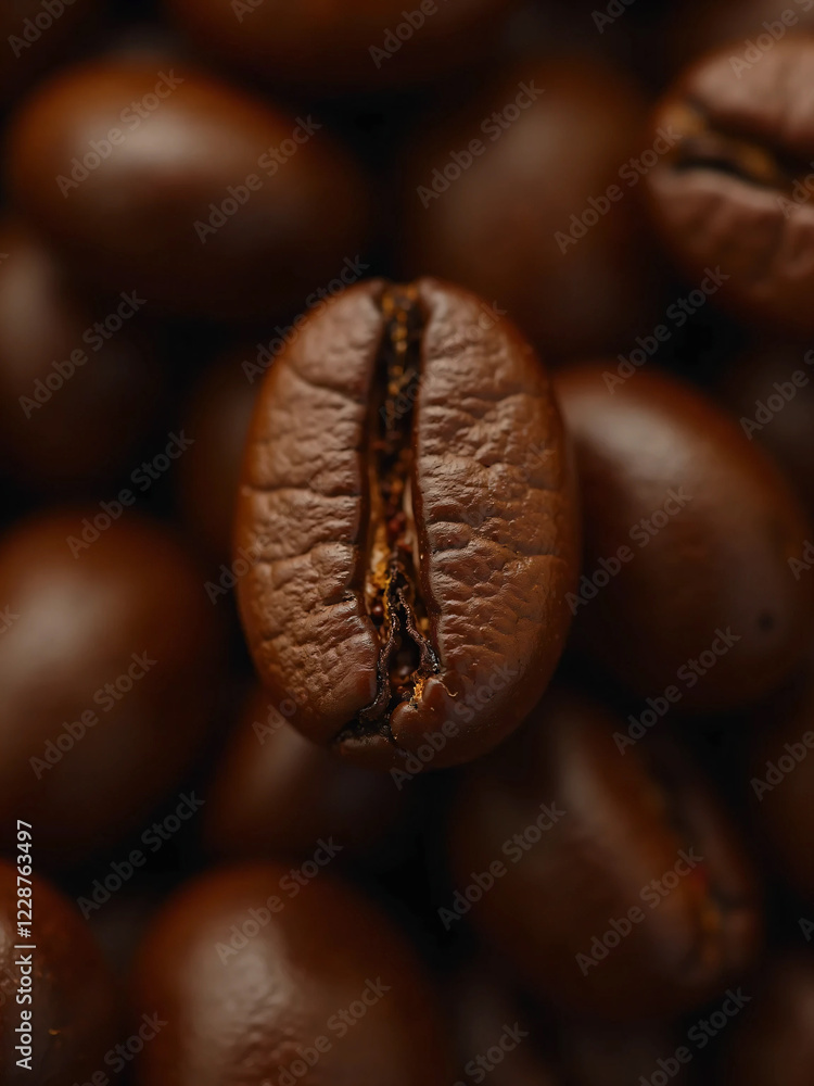 Fototapeta premium Close-Up of Roasted Coffee Beans – High-Resolution Macro Shots Showcasing Glossy Texture, Deep Brown Color, and Rich Aroma with Rustic Wooden Background and Soft Moody Lighting in Stunning Detail.
