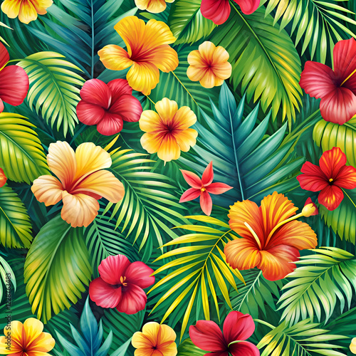Wallpaper Mural Vibrant Tropical Flowers and Lush Leaves Seamless Pattern Torontodigital.ca