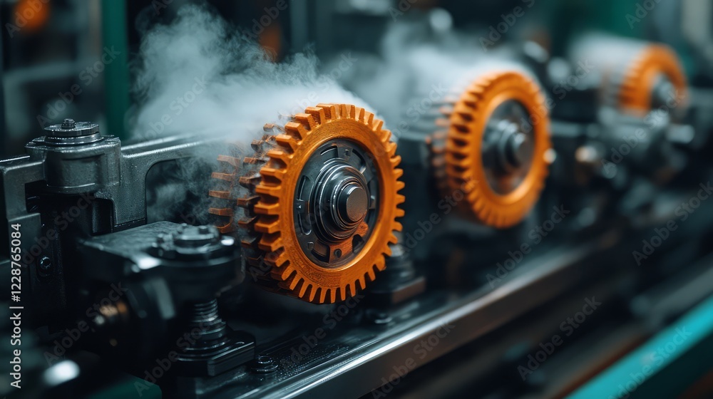 Fototapeta premium Close-up of orange gears in motion, emitting steam in a mechanical environment.