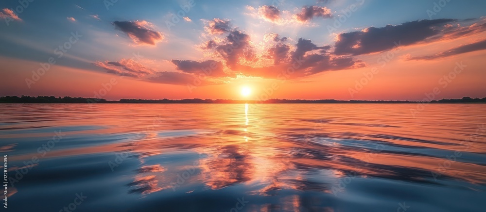 Fototapeta premium Serene sunset reflecting on calm water.