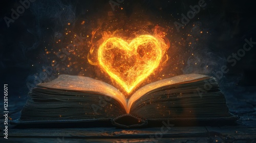 Fiery heart emerging from open book fantasy setting digital art magical environment close-up love concept