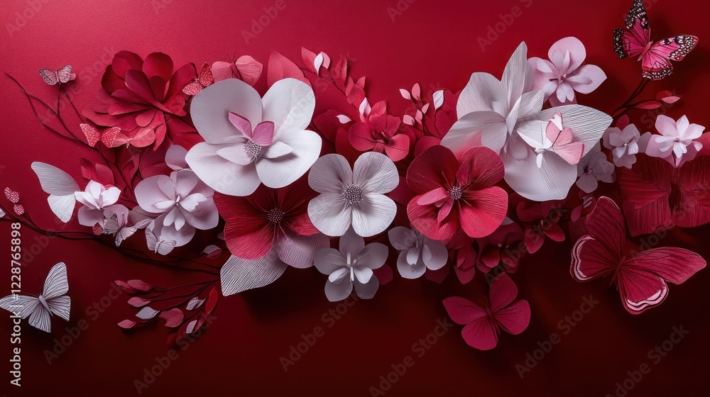 Fototapeta premium Paper flowers & butterflies on red; spring celebration
