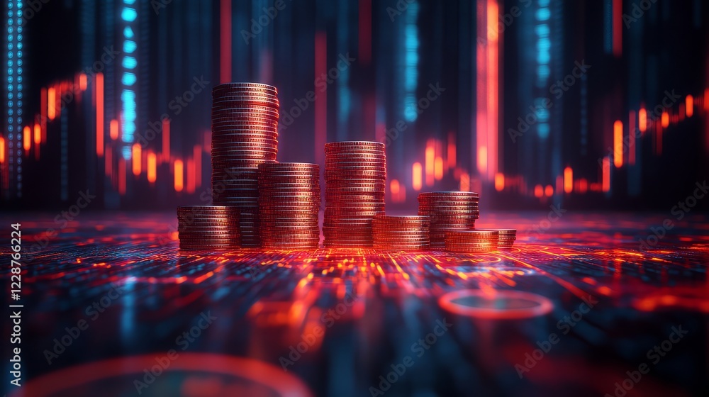 Digital finance illustration with coins and stock market trends in vibrant colors. Digital finance illustration with coins and stock market trends in vibrant colors.