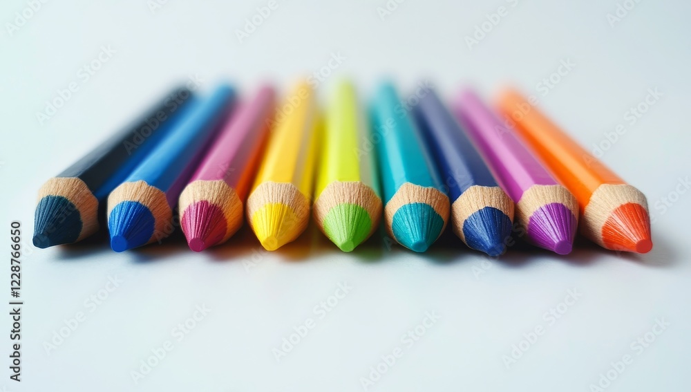 Colorful pencils arranged in a row on a white background. (1) Colorful pencils arranged in a row on a white background. (1)