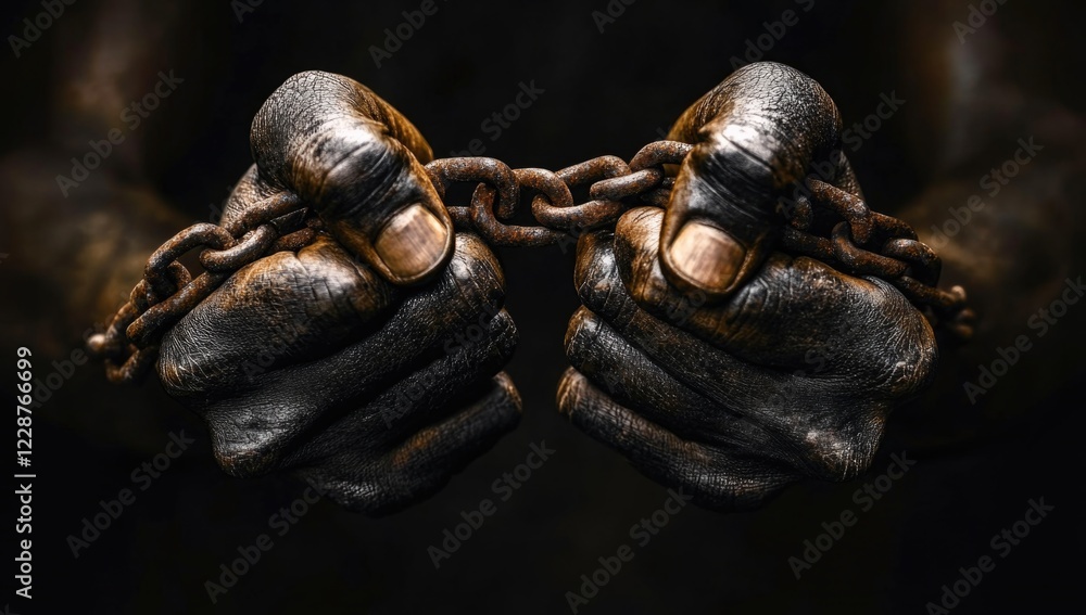 Fototapeta premium Strong hands tightly hold a rusted chain, representing the ongoing fight for racial equality. The dark background emphasizes the urgency of the Black Lives Matter movement