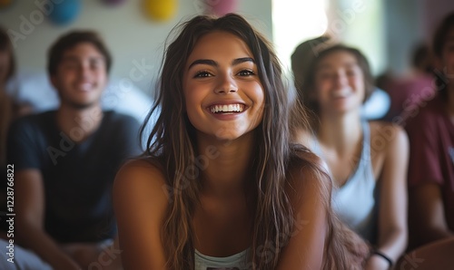 A group of college friends sitting in a dorm room, their faces filled with laughter and joy after a successful practical joke, with relaxed, natural body language