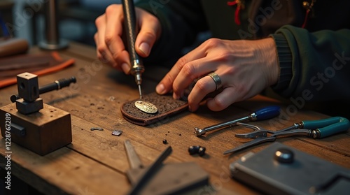 Skilled Artisan Crafting Jewelry on a Wooden Workbench with Precision Tools photo