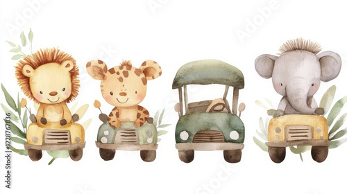watercolor safari animals in cars: cute cartoon baby zoo creatures in vintage autos; whimsical jungle animal art for nursery, kids room, and baby shower decor