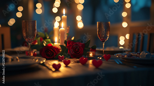 A romantic dinner setting with candles and elegant decor for a special occasion. photo