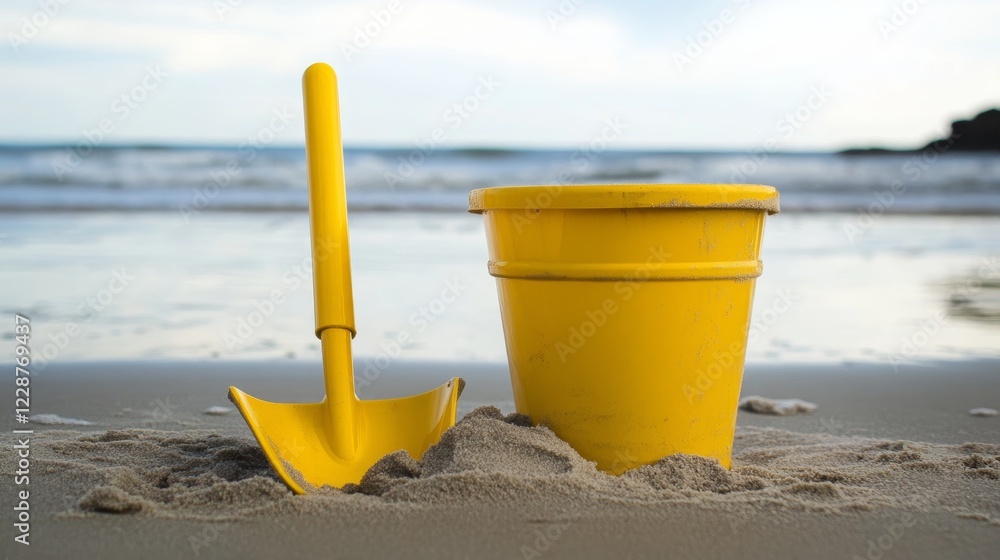 Yellow sand pail and shovel on a beach Yellow sand pail and shovel on a beach