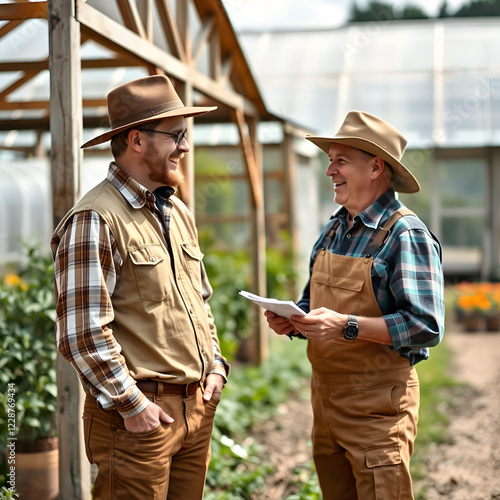 Two cheerful farmers amiably discussing interesting topics while standing near farm greenhouse photo