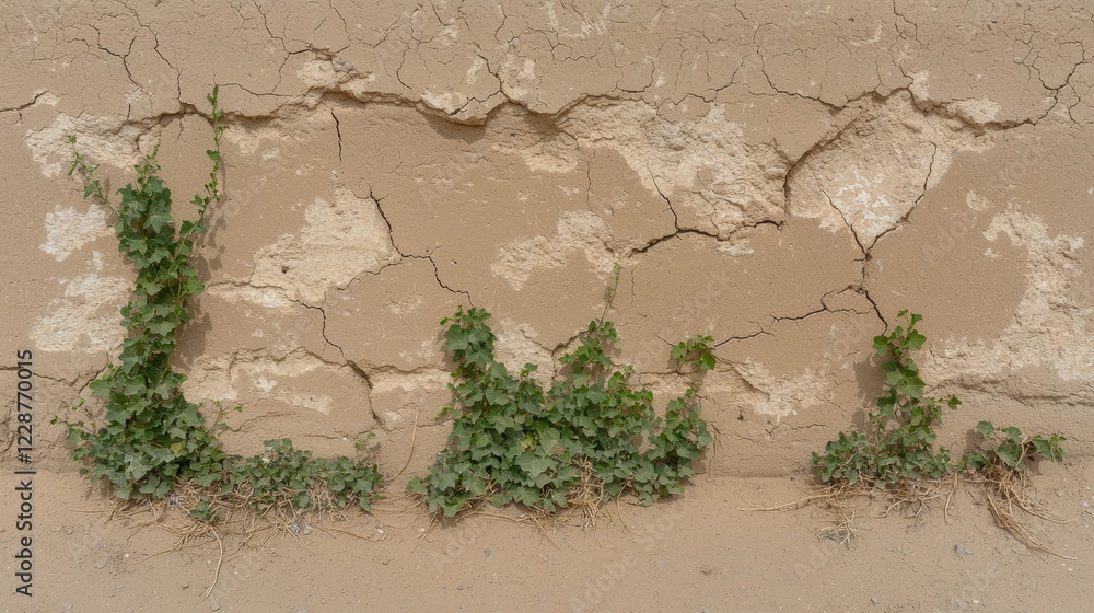 Naklejka premium Weathered wall with cracks and small plants growing in them