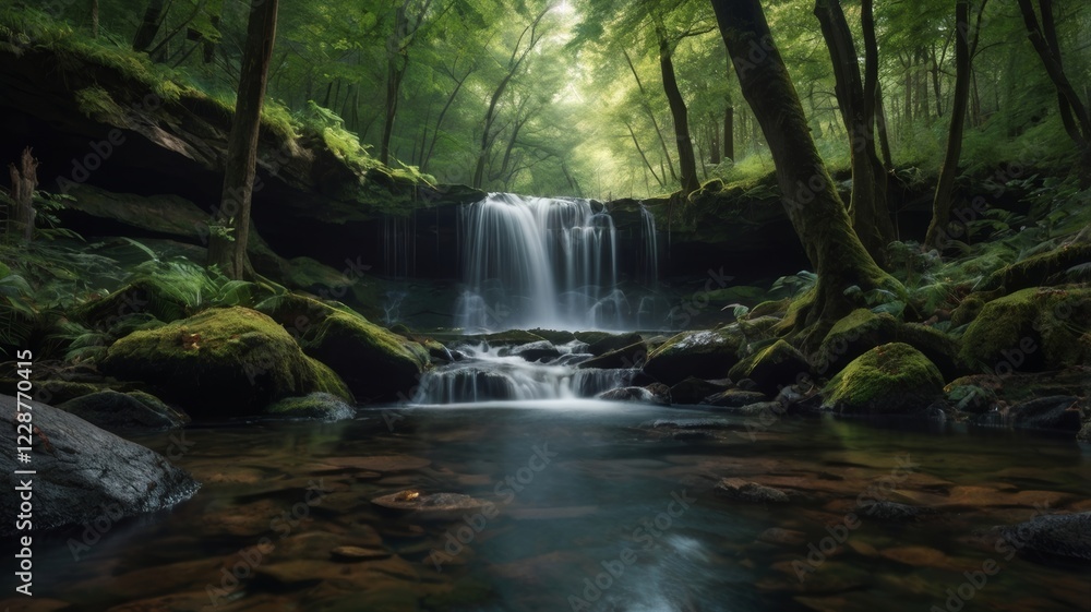 Lush forest with cascading waterfall over mossy rocks and clear stream flowing through Lush forest with cascading waterfall over mossy rocks and clear stream flowing through