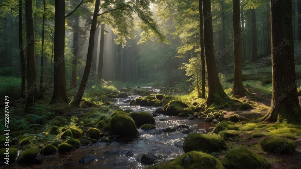 Obraz premium Sunlight filters through the trees in a mystical forest with a flowing stream and mossy rocks