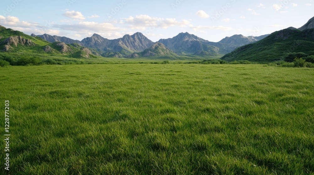 Vast grassy plain with mountain range in background Vast grassy plain with mountain range in background