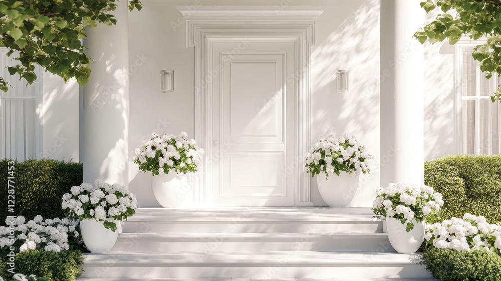 Obraz premium White hydrangeas flank a pristine white front door. Perfect for real estate, home decor, or spring themes.