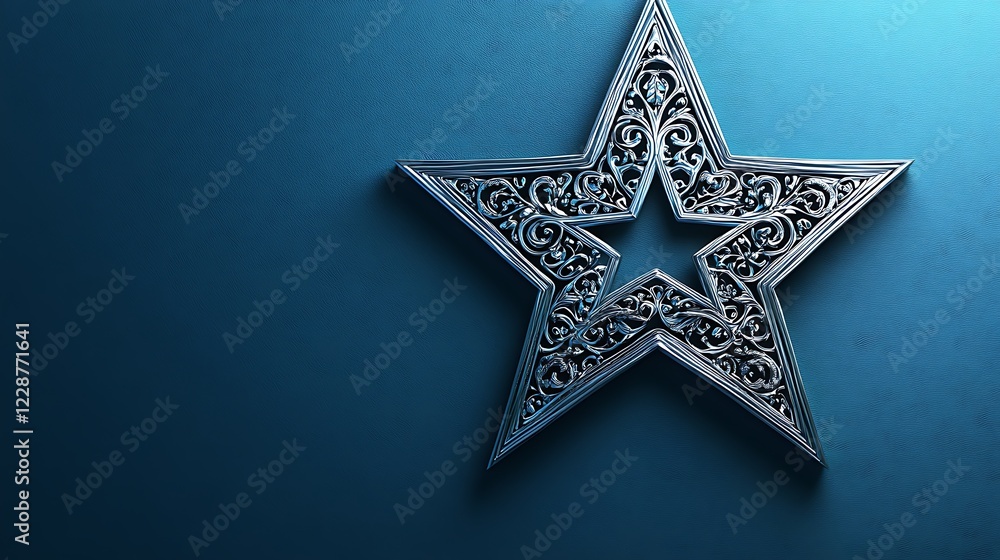 Ornate Silver Star Against Dark Blue Background Ornate Silver Star Against Dark Blue Background