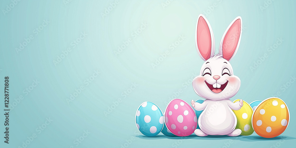 Obraz premium Osterkarte - Lachender Osterhase auf neutralen Hintergrund. Osterbanner. Oster Comic