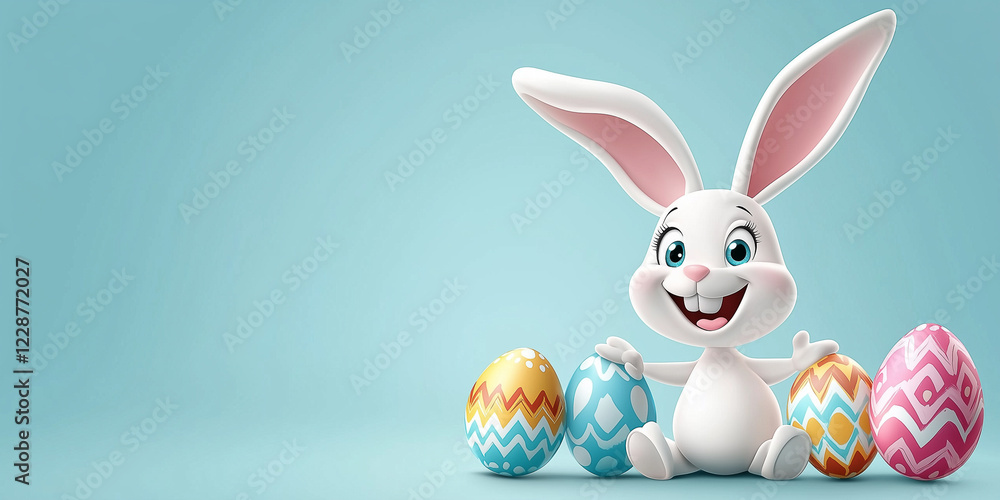 Fototapeta premium Osterkarte - Lachender Osterhase auf neutralen Hintergrund. Osterbanner. Oster Comic
