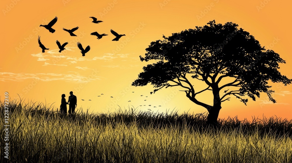Couple silhouetted at sunset, savanna, birds flying. Romantic, peaceful scene Couple silhouetted at sunset, savanna, birds flying. Romantic, peaceful scene