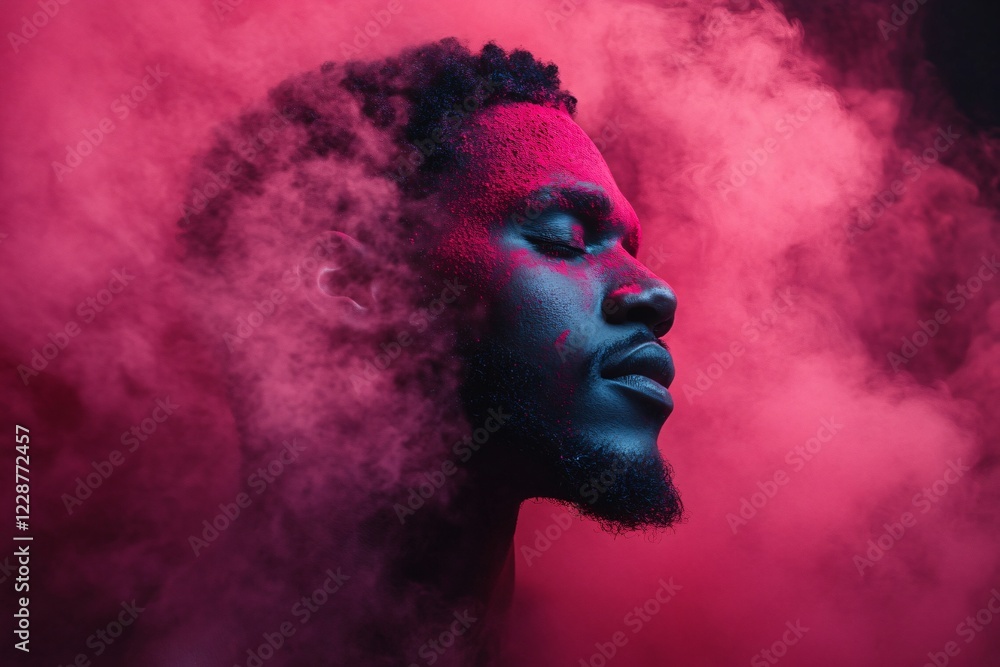 Fototapeta premium An ethereal portrait of a male figure with red and pink powder, ideal for artistic projects, fashion campaigns, or mystical event promotions.