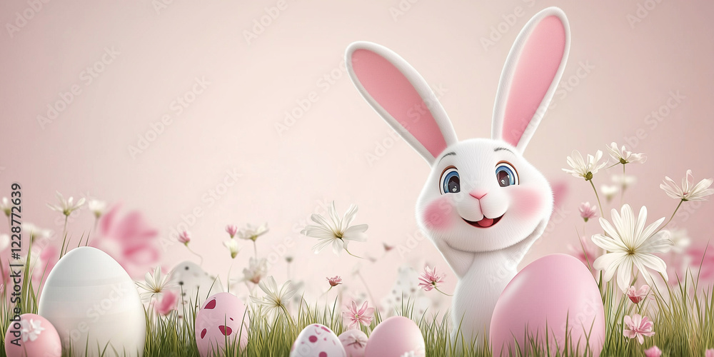 Obraz premium Osterkarte - Lachender Osterhase auf neutralen Hintergrund. Osterbanner. Oster Comic