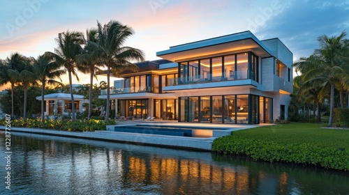 Hollywood beach in north Miami Florida with Intracoastal water canal Stranahan river and view of waterfront property modern mansions villas houses with palm trees reflection at sunset