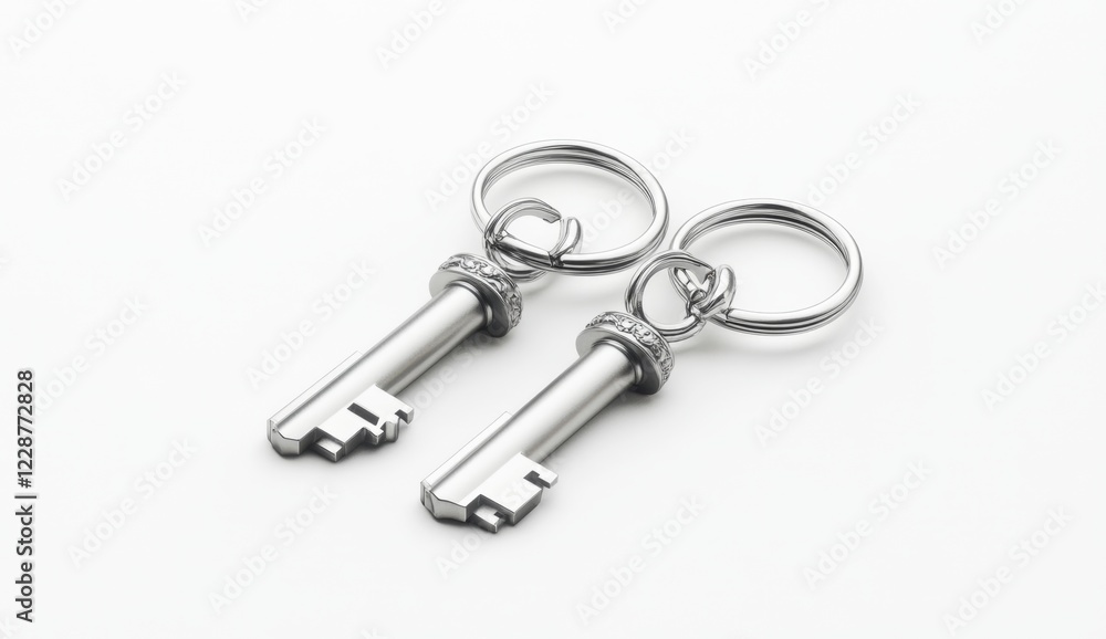 Silver keychains on white background, studio shot, for website design Silver keychains on white background, studio shot, for website design