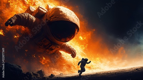 An astronaut flees from a colossal, fiery figure in a dramatic scene of cosmic destruction. Bright flames and smoke dominate the background, emphasizing the urgency and peril of the moment photo