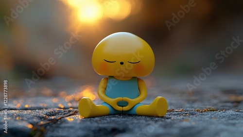 A cheerful yellow figure sits in a peaceful meditative pose on softly illuminated background. rounded head, closed eyes, and a friendly expression. tranquility, symbolizing mindfulness and inner peace photo