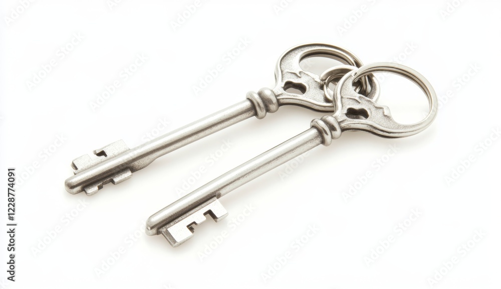 Two silver keys, studio shot, white background, success concept Two silver keys, studio shot, white background, success concept