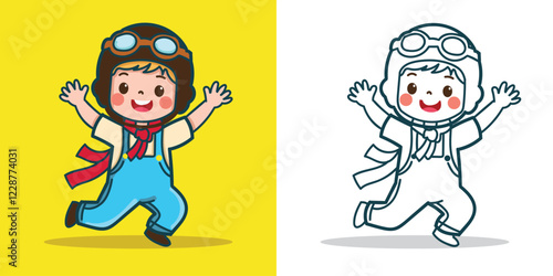 a kid wearing a classic pilot helmet jumping for design element or coloring book element